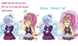 Size: 1520x901 | Tagged: safe, artist:pandanx12, lemon zest, sour sweet, sugarcoat, ask the shadowbolts, equestria girls, g4, my little pony equestria girls: friendship games, clothes, crystal prep academy uniform, dialogue, female, freckles, glasses, grin, jealous, looking at someone, looking at you, school uniform, simple background, smiling, white background