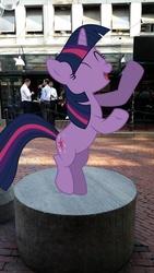 Size: 624x1108 | Tagged: safe, artist:krusiu42, artist:thedoubledeuced, twilight sparkle, human, g4, boston, building, dancing, irl, pedestal, photo, ponies in real life, shadow, solo, vector