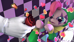 Size: 1920x1080 | Tagged: safe, artist:mentore067, pinkie pie, human, g4, 3d, gloves, hand, heart, jester, jester pie, rose, source filmmaker