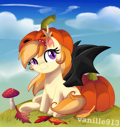 Size: 1280x1353 | Tagged: safe, artist:spookyle, oc, oc only, oc:pumpkin patch, bat pony, pony, cute, pumpkin, solo