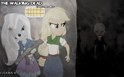 Size: 2000x1248 | Tagged: safe, artist:ngrycritic, applejack, trixie, zombie, equestria girls, g4, ak-74, amc, assault rifle, clothes, crossover, denim skirt, duo, freckles, gun, hiding, looking back, skirt, the walking dead, weapon