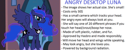 Size: 1003x404 | Tagged: safe, screencap, princess luna, g4, angry, bronybait, cute, female, looking at you, meta, small, solo, text, toy, tsunderuna