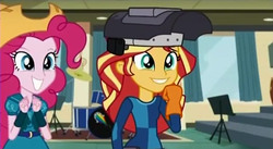 Size: 682x374 | Tagged: safe, screencap, pinkie pie, sunset shimmer, equestria girls, g4, my little pony equestria girls: friendship games, clothes, gloves, welding mask