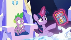 Size: 2048x1151 | Tagged: safe, screencap, spike, twilight sparkle, alicorn, pony, g4, made in manehattan, animation error, archie, archie comics, comic book, cutie map, female, friendship throne, frown, grin, jughead, magic, mare, pointing, sitting, smiling, telekinesis, twilight sparkle (alicorn), wide eyes