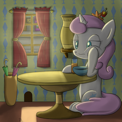 Size: 1000x1000 | Tagged: safe, artist:laffy372, twinkleshine, pony, unicorn, g4, breakfast, female, frown, solo, window