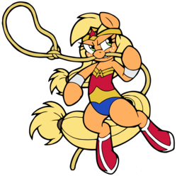 Size: 2841x2816 | Tagged: safe, artist:dfectivedvice, artist:edcom02, applejack, pony, g4, bipedal, clothes, crossover, dc comics, female, grin, high res, lasso, lasso of truth, leotard, mouth hold, simple background, solo, superhero, transparent background, wonder woman, wonderjack