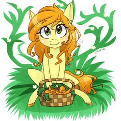 Size: 2000x2000 | Tagged: safe, artist:silbersternenlicht, carrot top, golden harvest, g4, alternate hairstyle, background pony, basket, carrot, cute, female, high res, signature, sitting, solo