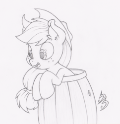 Size: 968x1000 | Tagged: safe, artist:dfectivedvice, applejack, earth pony, pony, g4, barrel, female, grayscale, monochrome, silly, silly pony, simple background, solo, traditional art, who's a silly pony