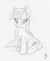 Size: 833x1000 | Tagged: safe, artist:dfectivedvice, twilight sparkle, alicorn, pony, g4, female, grayscale, mare, monochrome, simple background, sitting, smiling, solo, traditional art, twilight sparkle (alicorn)