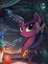 Size: 1800x2400 | Tagged: safe, artist:yakovlev-vad, oc, oc only, oc:racquel silverspirit, pony, unicorn, candle, clothes, fire, high res, levitation, looking at you, magic, moon, necklace, night, pendant, pipe, solo, telekinesis