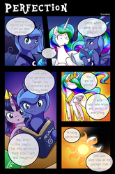 Size: 1500x2266 | Tagged: safe, artist:vavacung, princess celestia, princess luna, twilight sparkle, alicorn, pony, comic:to love alicorn, g4, book, comic, dialogue, female, filly, mare, speech bubble, twilight sparkle (alicorn), woona