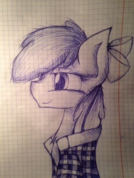 Size: 720x960 | Tagged: safe, artist:lunathegamer163, apple bloom, g4, clothes, female, lined paper, monochrome, solo, traditional art