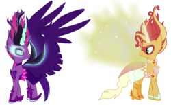 Size: 5400x3300 | Tagged: safe, artist:askshootingstar1234, sci-twi, sunset shimmer, twilight sparkle, pony, equestria girls, g4, my little pony equestria girls: friendship games, absurd resolution, artificial wings, augmented, clothes, daydream shimmer, dress, duo, equestria girls ponified, glowing eyes, horn, looking at each other, magic, magic wings, midnight sparkle, necklace, older, ponified, scene interpretation, simple background, transparent background, wings