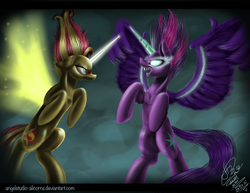 Size: 5999x4640 | Tagged: safe, artist:angelstudio-alicorns, sci-twi, sunset shimmer, twilight sparkle, pony, equestria girls, g4, my little pony equestria girls: friendship games, absurd resolution, artificial wings, augmented, backwards cutie mark, daydream shimmer, duo, equestria girls ponified, fight, glowing eyes, looking at each other, magic, magic wings, midnight sparkle, ponified, scene interpretation, sharp teeth, signature, wings