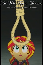 Size: 1024x1525 | Tagged: safe, edit, sunset shimmer, equestria girls, g4, my little pony equestria girls: rainbow rocks, blood, crying, execution, explicit source, fanfic art, fanfic cover, grimdark source, he who fights monsters: the final days of sunset shimmer, image macro, imminent death, implied hanging, meme, noose, nosebleed, photoshop, shimmerbuse