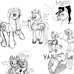 Size: 894x894 | Tagged: safe, artist:sourcherry, applejack, rarity, oc, oc:homage, oc:littlepip, oc:murky, oc:pretty wreck, pony, fallout equestria, g4, best pony, blushing, jojo's bizarre adventure, jotaro kujo, monochrome, sketch, sketch dump