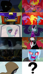 Size: 1054x1806 | Tagged: safe, screencap, adagio dazzle, aria blaze, lord tirek, sci-twi, sonata dusk, sunset shimmer, trixie, twilight sparkle, zecora, zebra, bridle gossip, equestria girls, g4, magic duel, my little pony equestria girls, my little pony equestria girls: friendship games, my little pony equestria girls: rainbow rocks, twilight's kingdom, alicorn amulet, antagonist, cloak, clothes, equestria's monster girls, hood, hoodie, midnight sparkle, sunset satan