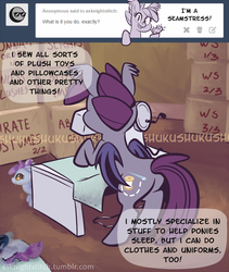 Size: 800x948 | Tagged: safe, artist:1trick, oc, oc only, oc:night stitch, bat pony, pony, ask night stitch, ask, box, boxes, butt, plot, plushie, rear view, sewing machine, tumblr