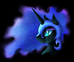 Size: 1500x1250 | Tagged: safe, artist:schattenherz2203, nightmare moon, g4, female, portrait, simple background, smiling, solo