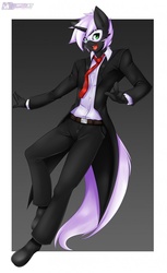 Size: 784x1280 | Tagged: safe, artist:mleonheart, oc, oc only, oc:nyar, unicorn, anthro, plantigrade anthro, anthro oc, belt, clothes, jacket, mask, masquerade mask, necktie, pants, shirt, solo