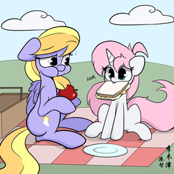 Size: 1280x1280 | Tagged: safe, artist:lightningnickel, cloud kicker, oc, oc:cotton candy, pegasus, pony, unicorn, g4, apple, background pony, cottagecore, cute, duo, eating, female, hoof hold, mare, mouth hold, nom, picnic, picnic blanket, plate, sandwich
