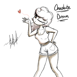 Size: 1280x1280 | Tagged: safe, artist:lightningnickel, oc, oc only, oc:chocolate dream, human, blowing a kiss, cleavage, clothes, female, heart, humanized, humanized oc, midriff, monochrome, one eye closed, partial color, simple background, solo, tank top, white background, wink