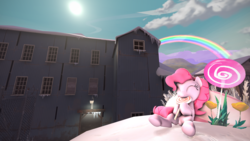 Size: 2400x1350 | Tagged: safe, artist:pink-dooples, pinkie pie, g4, 3d, candy, cute, happy, lollipop, pyroland, rainbow, source filmmaker