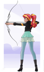 Size: 1536x2496 | Tagged: safe, artist:slackerburst, sunset shimmer, human, equestria girls, g4, my little pony equestria girls: friendship games, 2015, aiming, archer, archery, arrow, boots, bow (weapon), bow and arrow, clothes, confident, dark skin, female, humanized, ponytail, shoes, simple background, skirt, solo