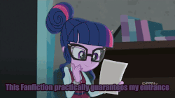 Size: 802x450 | Tagged: safe, edit, edited screencap, screencap, dean cadance, princess cadance, sci-twi, twilight sparkle, equestria girls, g4, my little pony equestria girls: friendship games, adorkable, animated, brony, caption, cute, dork, falling, fanfic, female, glasses, meme, out of context, reaction image