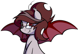 Size: 3175x2199 | Tagged: safe, artist:furrgroup, oc, oc only, oc:scarlet quill, bat pony, pony, fangs, glasses, hair bun, high res, reading glasses, simple background, slit pupils, solo, spread wings, white background
