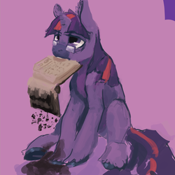 Size: 1208x1208 | Tagged: safe, artist:erijt, twilight sparkle, g4, book, burnt, female, glasses, mouth hold, solo