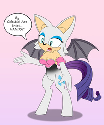 Size: 2735x3274 | Tagged: safe, artist:foxbeast, part of a set, rarity, anthro, g4, body swap, crossover, dialogue, female, high res, part of a series, partial body swap, pony to anthro, rouge the bat, sega, simple background, solo, sonic the hedgehog (series), species swap, transformation, video game