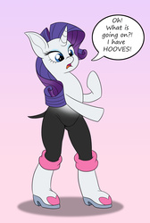 Size: 1884x2800 | Tagged: safe, artist:foxbeast, part of a set, rarity, anthro, g4, body swap, crossover, dialogue, female, part of a series, partial body swap, rouge the bat, sega, simple background, solo, sonic the hedgehog (series), species swap, transformation, video game