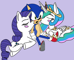 Size: 1024x835 | Tagged: safe, artist:winxsonicfan12, princess celestia, rarity, g4, crossover, crossover shipping, female, interspecies, kissing, male, rarisonic, shipping, simple background, sonic gets all the mares, sonic the hedgehog, sonic the hedgehog (series), soniclestia, straight