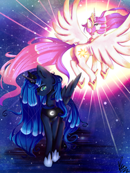 Size: 1024x1365 | Tagged: safe, artist:xkittyblue, princess celestia, princess luna, g4, duo, pink-mane celestia