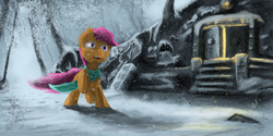 Size: 8000x4000 | Tagged: safe, artist:fuzzyfox11, scootaloo, g4, absurd resolution, clothes, female, house, scarf, scenery, snow, snowfall, solo, winter
