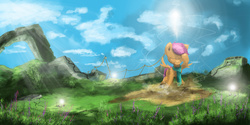 Size: 8000x4000 | Tagged: safe, artist:fuzzyfox11, scootaloo, g4, absurd resolution, clothes, female, portal, scarf, scenery, solo, technology