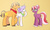 Size: 1024x608 | Tagged: safe, artist:kianamai, artist:undergroundcat, oc, oc only, oc:creme-de-la-creme, oc:golden delicious, oc:red june, kilalaverse, alternate hairstyle, colored, gradient background, next generation, offspring, parent:applejack, parent:big macintosh, parent:caramel, parent:cheerilee, parent:fancypants, parent:fleur-de-lis, parents:carajack, parents:cheerimac, parents:fancyfleur