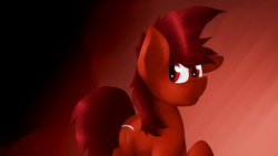 Size: 1920x1080 | Tagged: safe, artist:marsminer, oc, oc only, oc:mars miner, earth pony, pony, desktop background, earth pony oc, gradient background, looking back, male, male oc, pony oc, red background, red coat, red eyes, red fur, red hair, red mane, red pony, red tail, simple background, smiling, solo, stallion oc, tail, wallpaper
