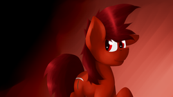 Size: 1920x1080 | Tagged: safe, artist:marsminer, oc, oc only, oc:mars miner, earth pony, pony, desktop background, earth pony oc, gradient background, looking back, male, male oc, pony oc, red background, red coat, red eyes, red fur, red hair, red mane, red tail, simple background, smiling, solo, stallion oc, tail, wallpaper