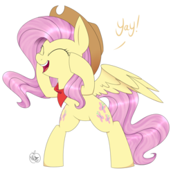 Size: 1800x1800 | Tagged: safe, artist:notenoughapples, fluttershy, g4, applejack's hat, bandana, female, hat, solo, yay