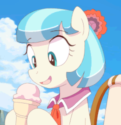 Size: 522x540 | Tagged: safe, artist:deannart, coco pommel, earth pony, pony, g4, animated, chair, cocobetes, cropped, cute, eating, female, food, frame by frame, hnnng, ice cream, licking, mare, open mouth, sitting, sky, solo, suggestive eating, tongue out, weapons-grade cute