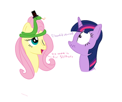 Size: 1200x1000 | Tagged: safe, artist:mightyshockwave, fluttershy, twilight sparkle, pony, snake, g4, bust, circlet, descriptive noise, hat, horse noises, meme, ophidiophobia, scared, top hat, wavy mouth