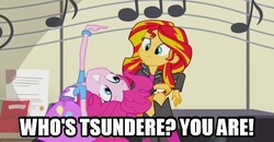 Size: 540x281 | Tagged: safe, screencap, pinkie pie, sunset shimmer, equestria girls, g4, my little pony equestria girls: rainbow rocks, image macro, meme, tsundere, tsunset shimmer