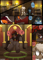 Size: 3000x4091 | Tagged: safe, artist:dracojayproduct, oc, oc only, oc:eschar, oc:judicator, comic:lunar isolation, blood, comic, coughing, sitting, throne