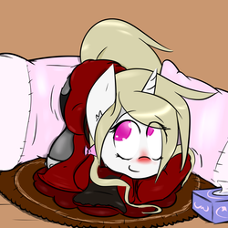 Size: 2500x2500 | Tagged: safe, artist:wavepon, oc, oc only, oc:cherry blossom, pony, unicorn, blanket, bow, clothes, congenital amputee, hair bow, high res, prosthetic limb, prosthetics, red nosed, scarf, sick, solo, tissue box