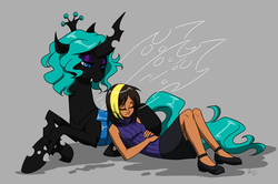 Size: 3424x2272 | Tagged: safe, artist:valkyrie-girl, oc, oc only, oc:ebony (avats), oc:jessica (avats), changeling, changeling queen, human, fanfic:a voice among the strangers, changeling queen oc, female, high res, sleeping