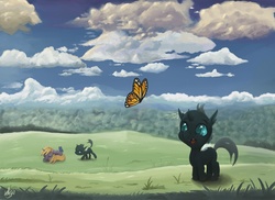 Size: 1755x1275 | Tagged: safe, artist:genbulein, dinky hooves, oc, oc:mayari (avats), oc:tala (avats), butterfly, changeling, nymph, pony, unicorn, fanfic:a voice among the strangers, g4, cute, foal, meadow, outdoors, scenery, sky