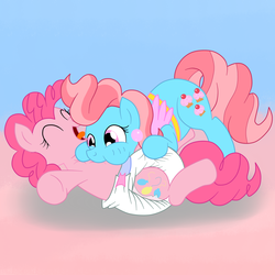 Size: 3000x3000 | Tagged: safe, anonymous artist, artist:fillyscoots42, color edit, edit, cup cake, pinkie pie, earth pony, pony, g4, clean, colored, cute, daaaaaaaaaaaw, diaper, diaper fetish, diapinkes, duo, female, high res, hnnng, mare, non-baby in diaper, poofy diaper, raspberry, simple background, tickling, tummy buzz, weapons-grade cute
