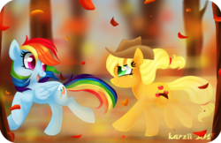 Size: 1024x663 | Tagged: safe, artist:karzii, applejack, rainbow dash, fall weather friends, g4, autumn, running of the leaves
